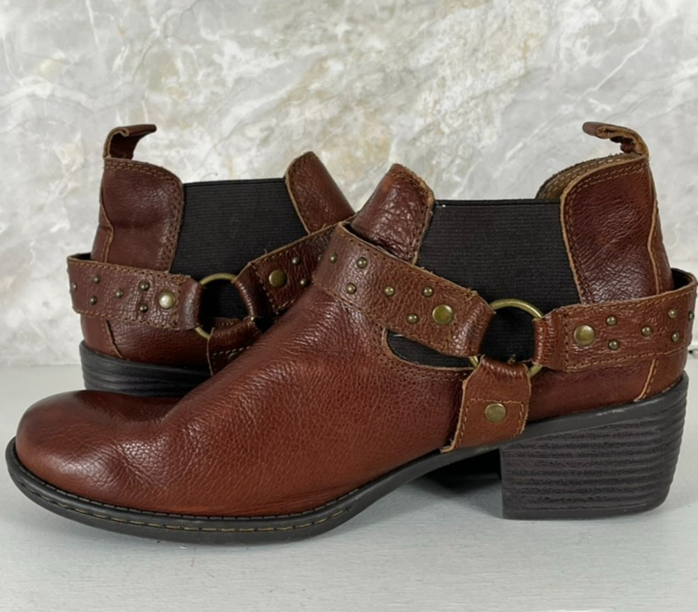 BOC Born Ankle Boots Womens Size 10 Brown Leather Studded Harness